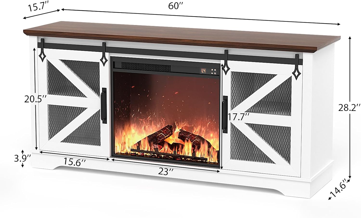VOWNER Fireplace TV Stand for 65 Inch TV, Farmhouse Media Console with Electric Fireplace Heater, White M9174