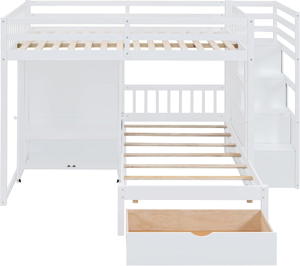 Full Over Twin Wood Bunk Bed with Wardrobe, Staircase and Drawers, White W870118