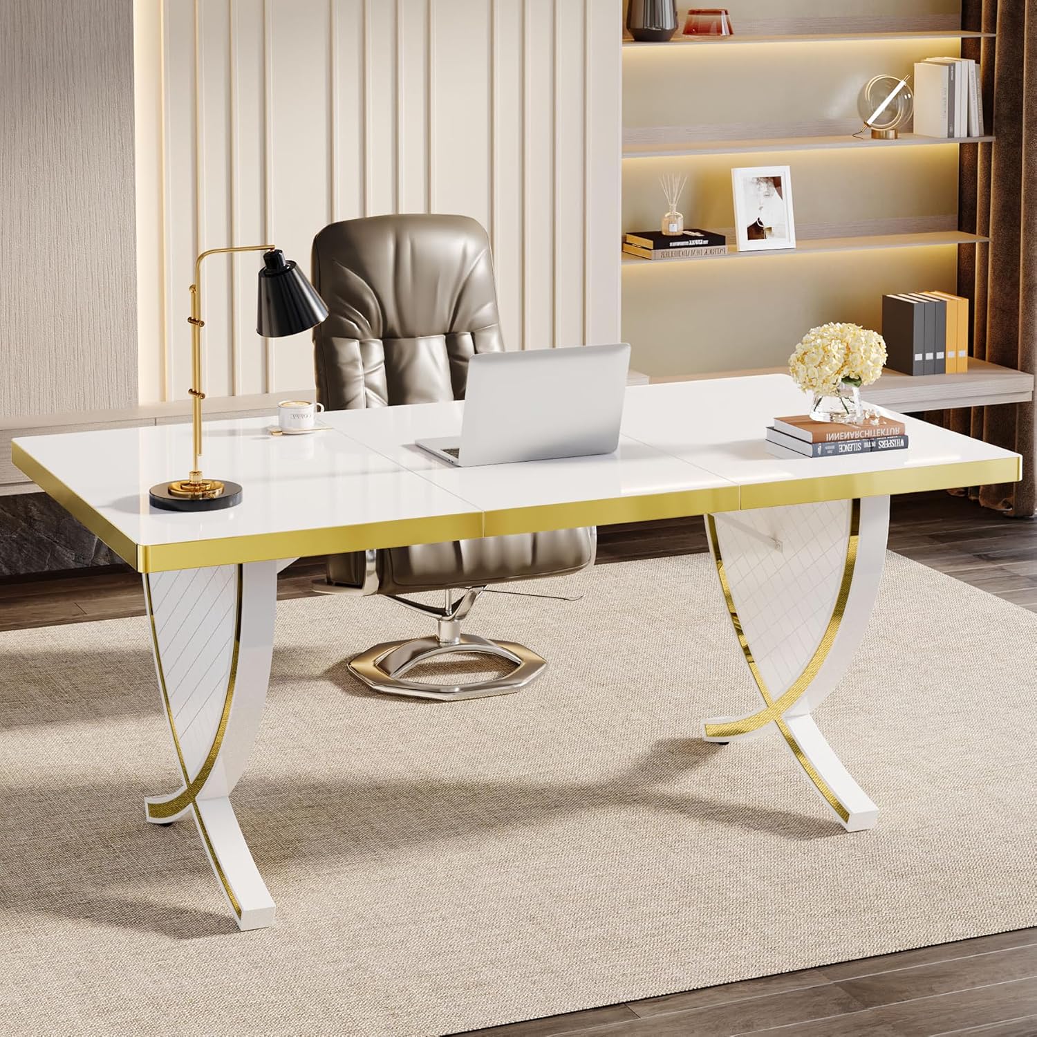 Tribesigns 63" Modern Executive Desk, White & Gold Q821027