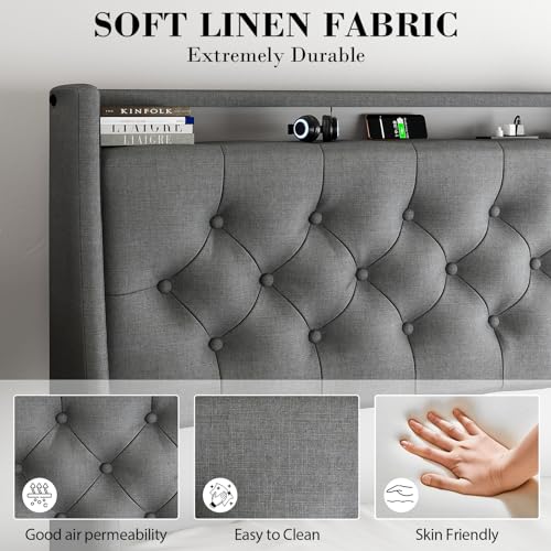 Full Size Bed Frame with 4 Storage Drawers and LED Lights, Upholstered Wingback Headboard, Gray E185