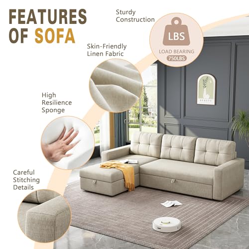 81.5" L-Shape Sleeper Sectional Sofa with Storage Chaise and Pull-Out Bed, Beige Q819814