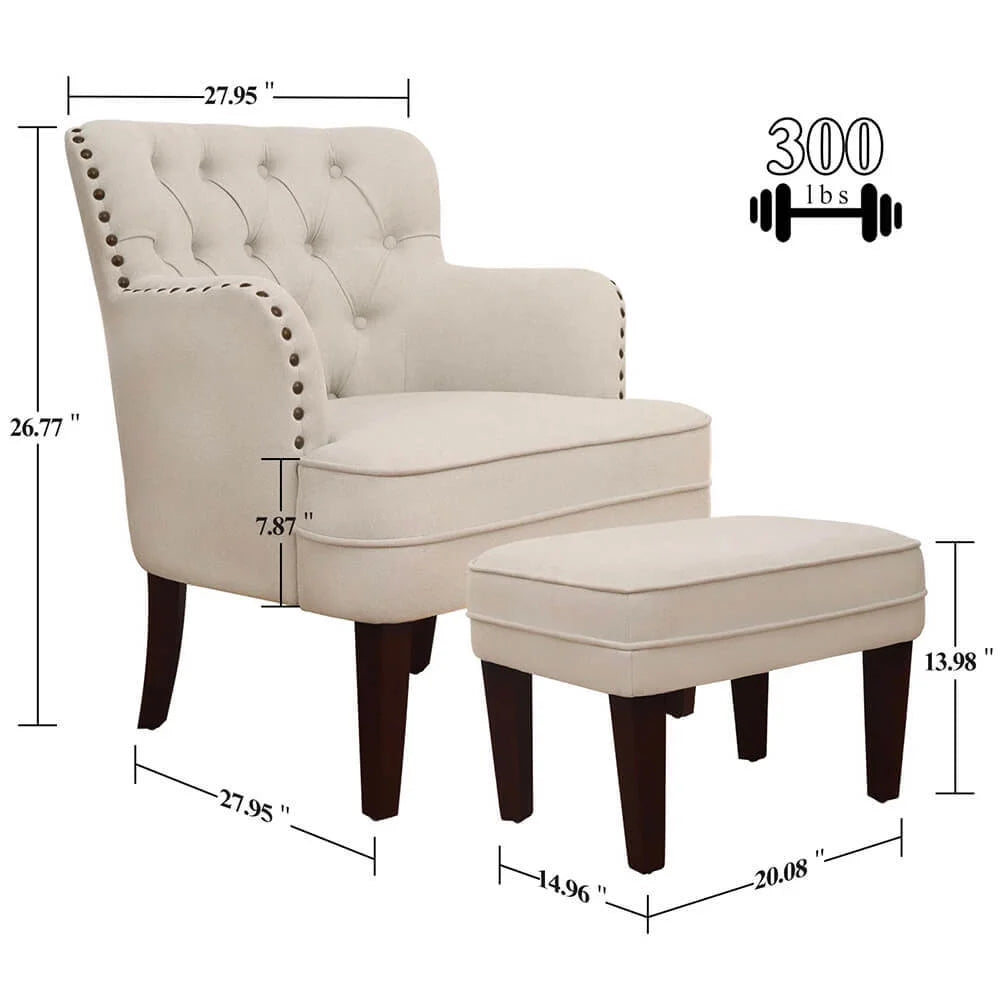 Accent Chair with Ottoman, Tufted Armchair for Bedroom Living Room, Beige D17953