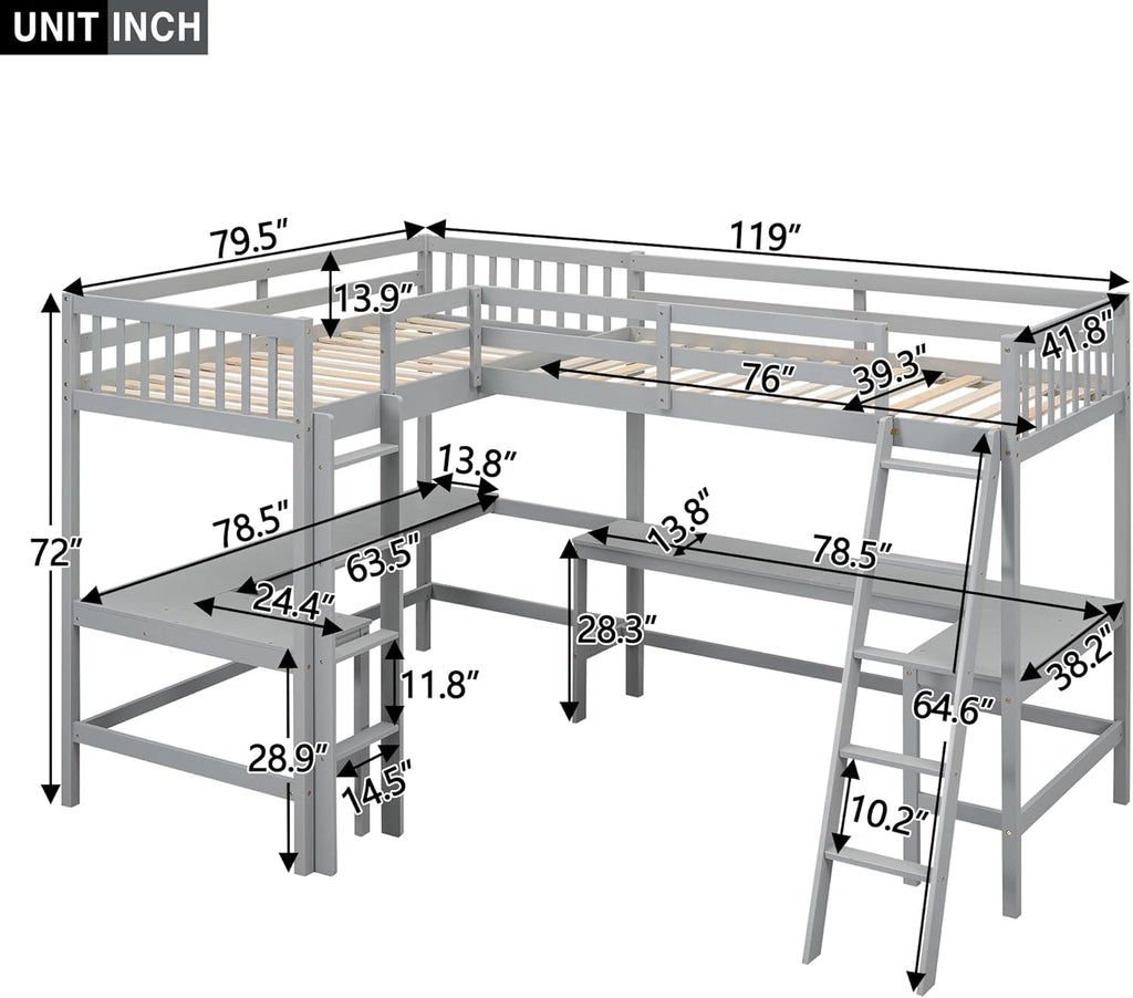 L-Shaped Double Twin Loft Bed with 2 Desks, Wood, Gray O422687
