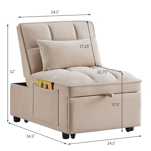 Velvet Sleeper Chair Bed with Adjustable Backrest, Taupe K77548