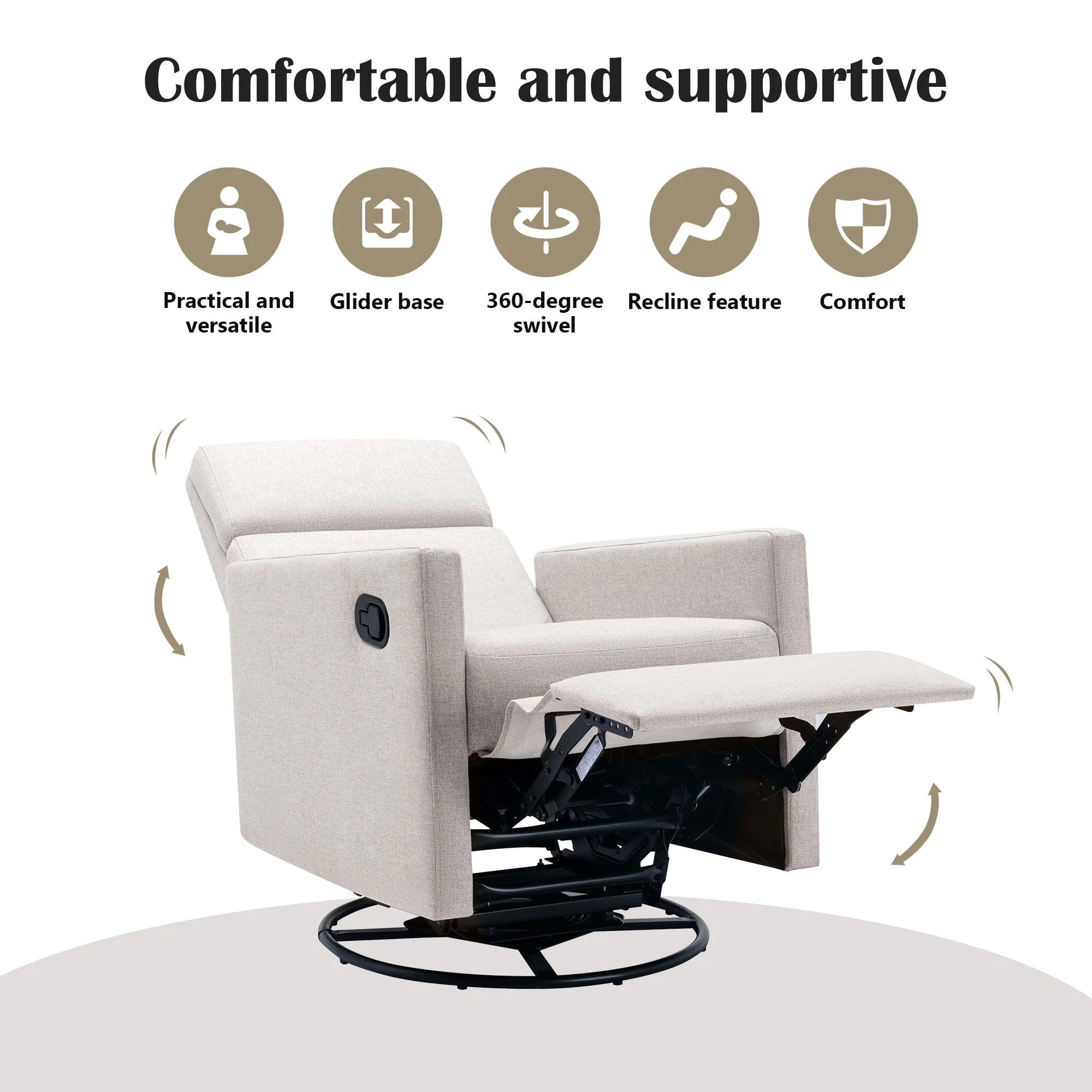 Paproos Swivel Rocker Recliner, Upholstered Fabric Chair for Nursery, Tan S83295