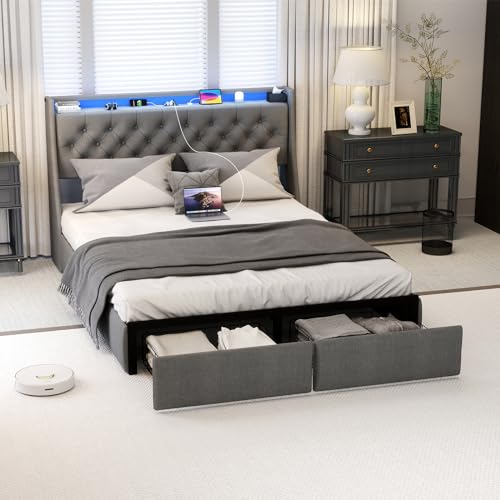 Full Size Bed Frame with 4 Storage Drawers and LED Lights, Upholstered Wingback Headboard, Gray E185