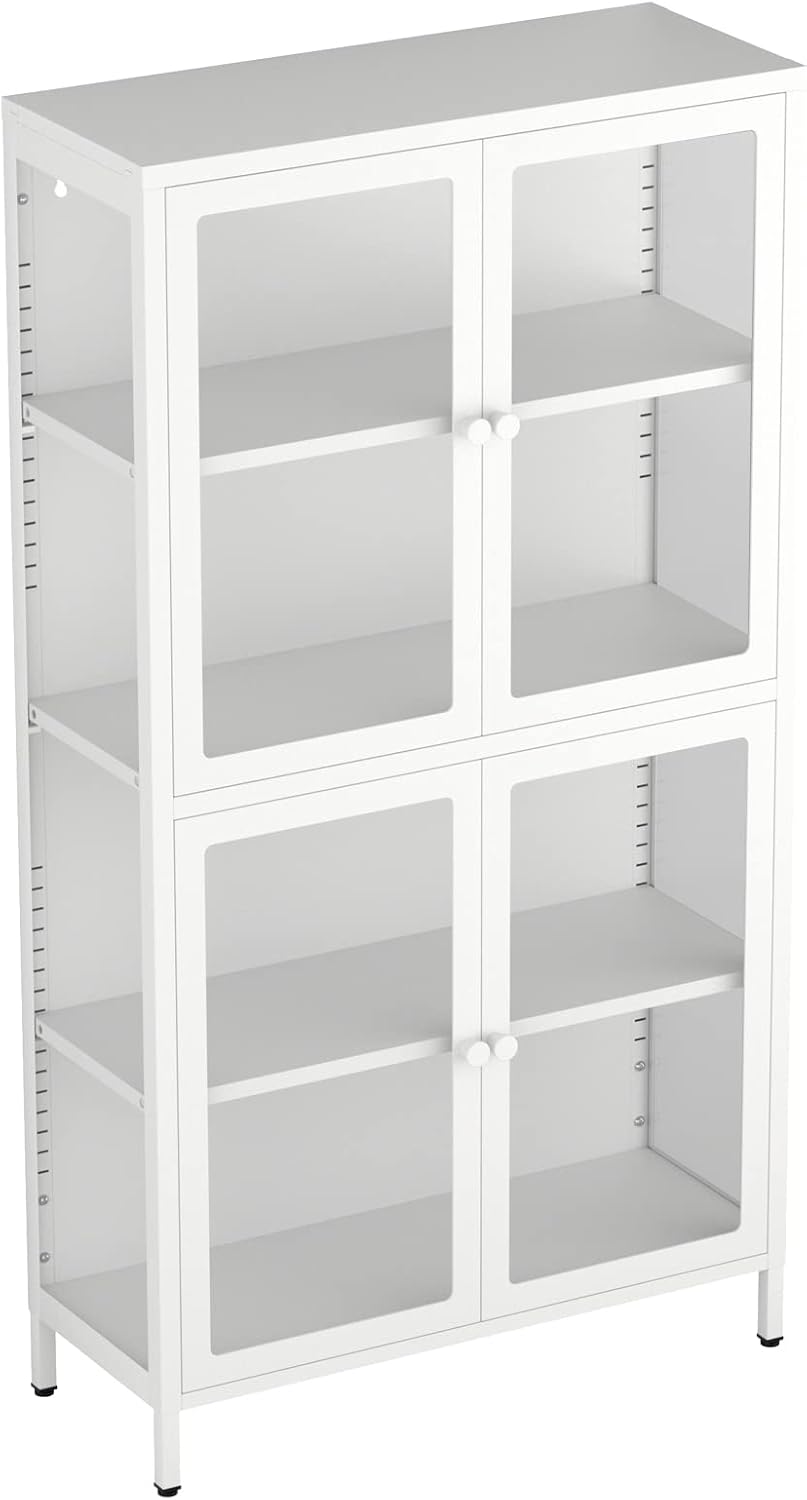 Tempered Glass Storage Cabinet 4-Door White with Adjustable Shelves U35144