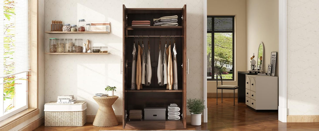 Wooden Armoire Wardrobe Closet with Hanging Rod and Shelves, Brown O29448