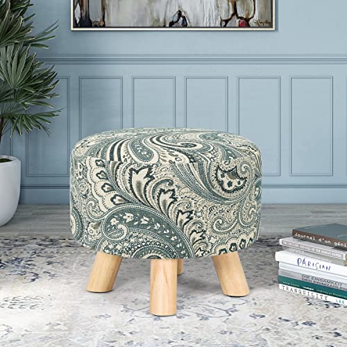 Asense Small Round Ottoman Foot Rest Stool with Wooden Legs, White and Black Linen Q8735