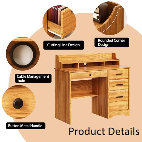 4 EVER WINNER Computer Desk with Storage Drawers and Hutch, 44 Inch White W8153