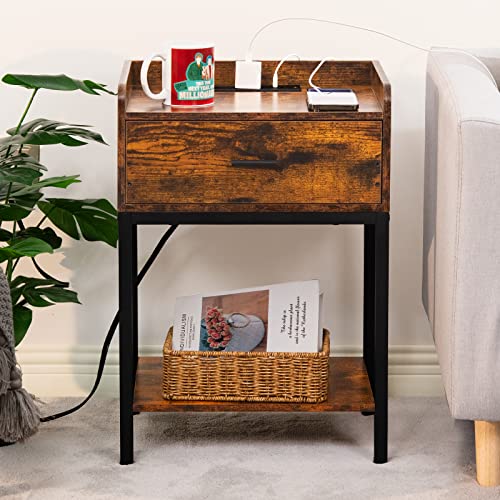 Lerliuo Nightstands Set of 2 with Charging Station, 3-Tier End Side Table with Storage Drawer, Oak Grey M155