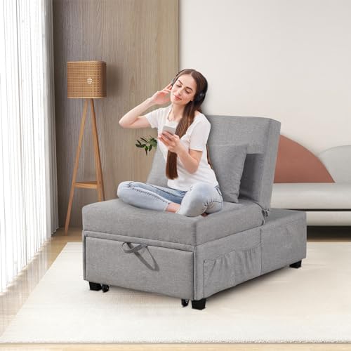 4 in 1 Convertible Sofa Bed Chair with Ottoman, Linen Fabric, Adjustable Backrest C365