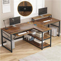 New Brown 95 Inches Home Office Desks Computer Gaming Desk Extra Long Double Desk for 2 Person RGB LED Lights Shelves Table Gamer Ergonomic Storage Shelf Home Office Wood Modern 94.5"L x 39"W x 30"H