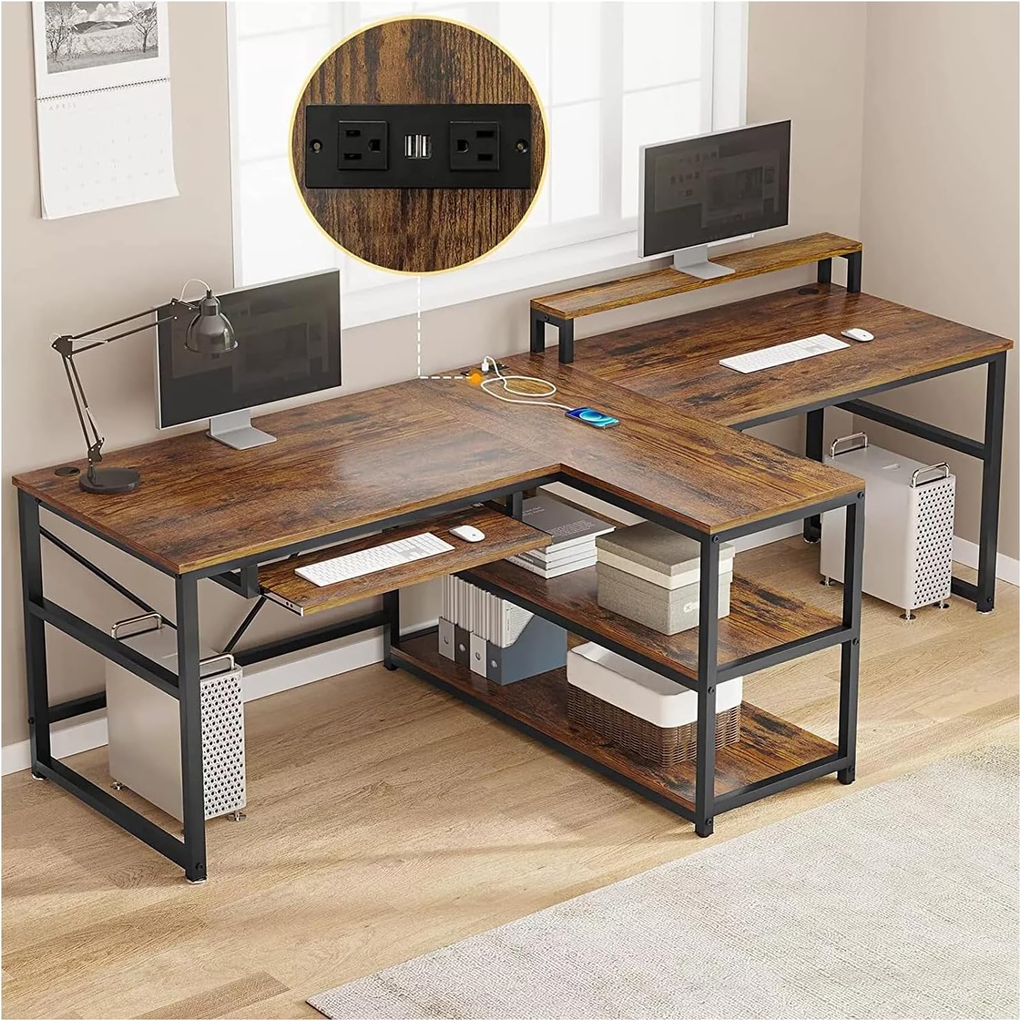 New Brown 95 Inches Home Office Desks Computer Gaming Desk Extra Long Double Desk for 2 Person RGB LED Lights Shelves Table Gamer Ergonomic Storage Shelf Home Office Wood Modern 94.5"L x 39"W x 30"H