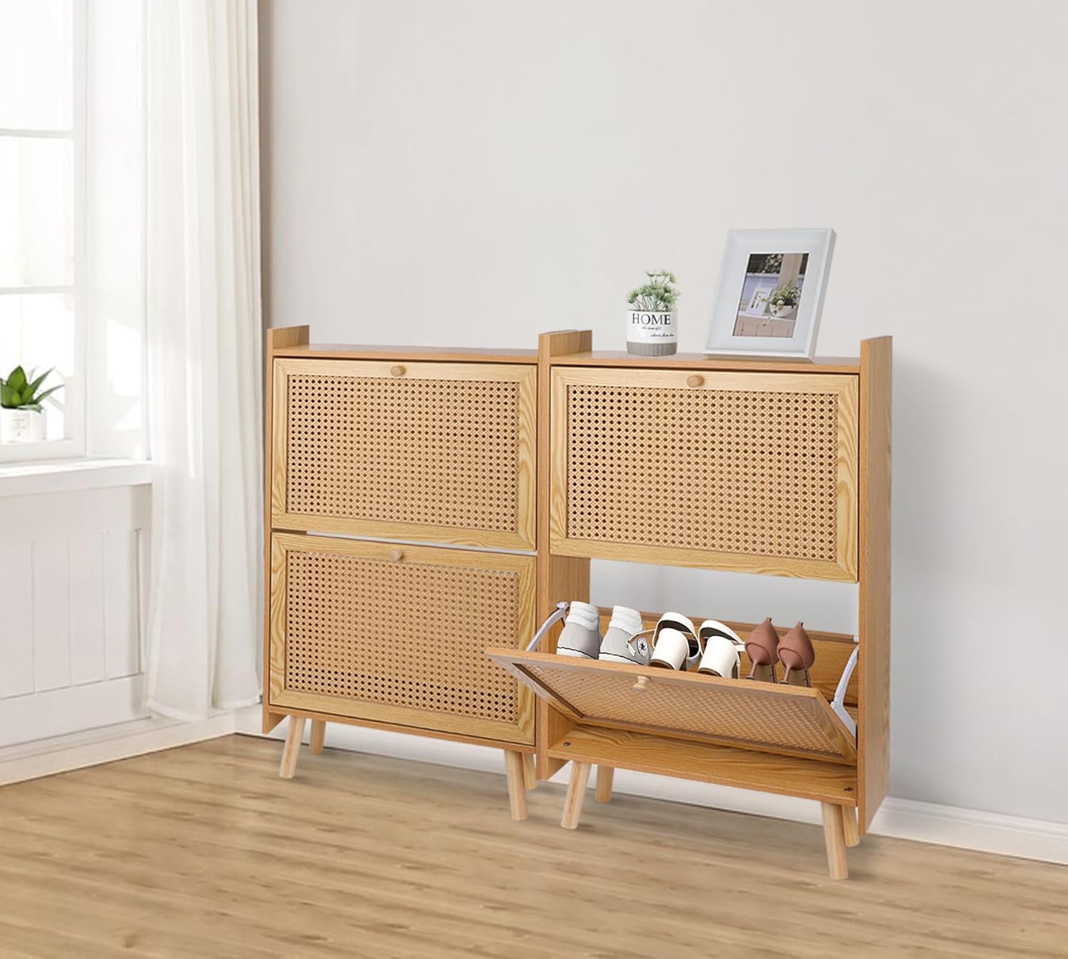 ZYBT Shoe Storage Cabinet for Entryway, Slim Wooden Shoe Rack with 2 Flip Drawers, Brown M168177