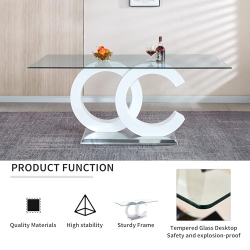 70 inch Glass Dining Table for 8, Tempered Glass with Gold Stainless Steel Pedestal U5101