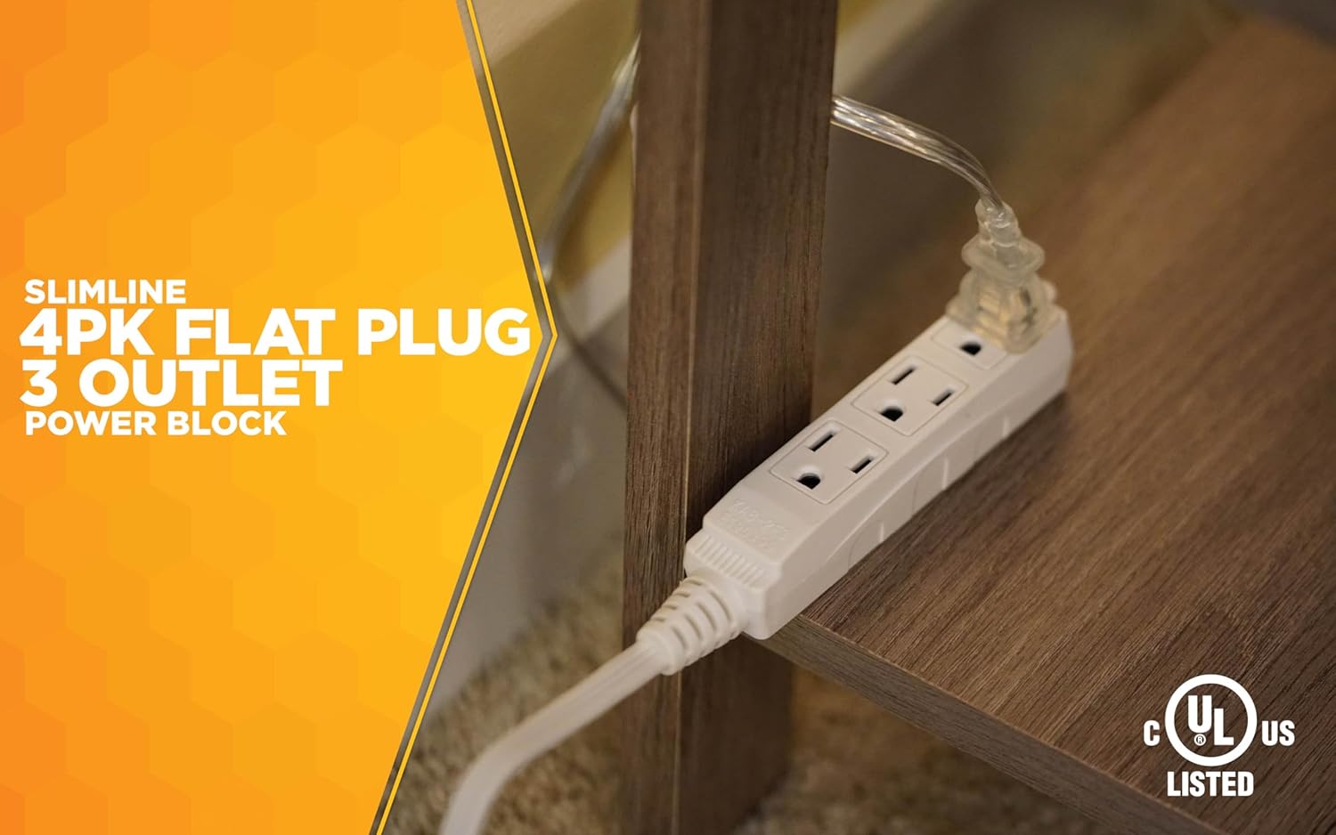 Woods Slimline 2232 Angled Flat Plug Extension Cord, 3 Grounded Outlets, 13-Foot, White M31688