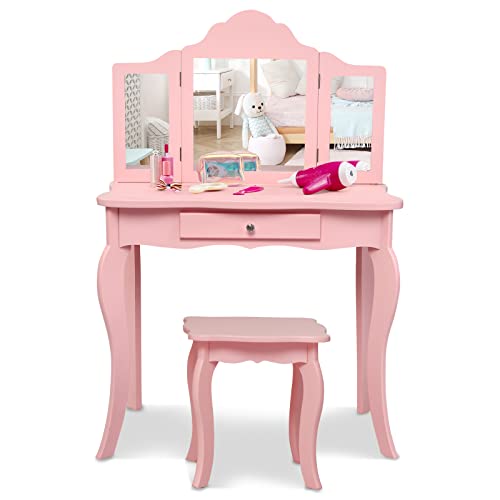HONEY JOY Kids Vanity Set with Mirror and Stool, White L306