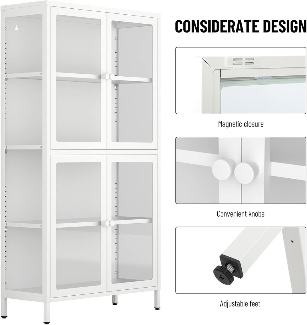 Tempered Glass Storage Cabinet 4-Door White with Adjustable Shelves U35144