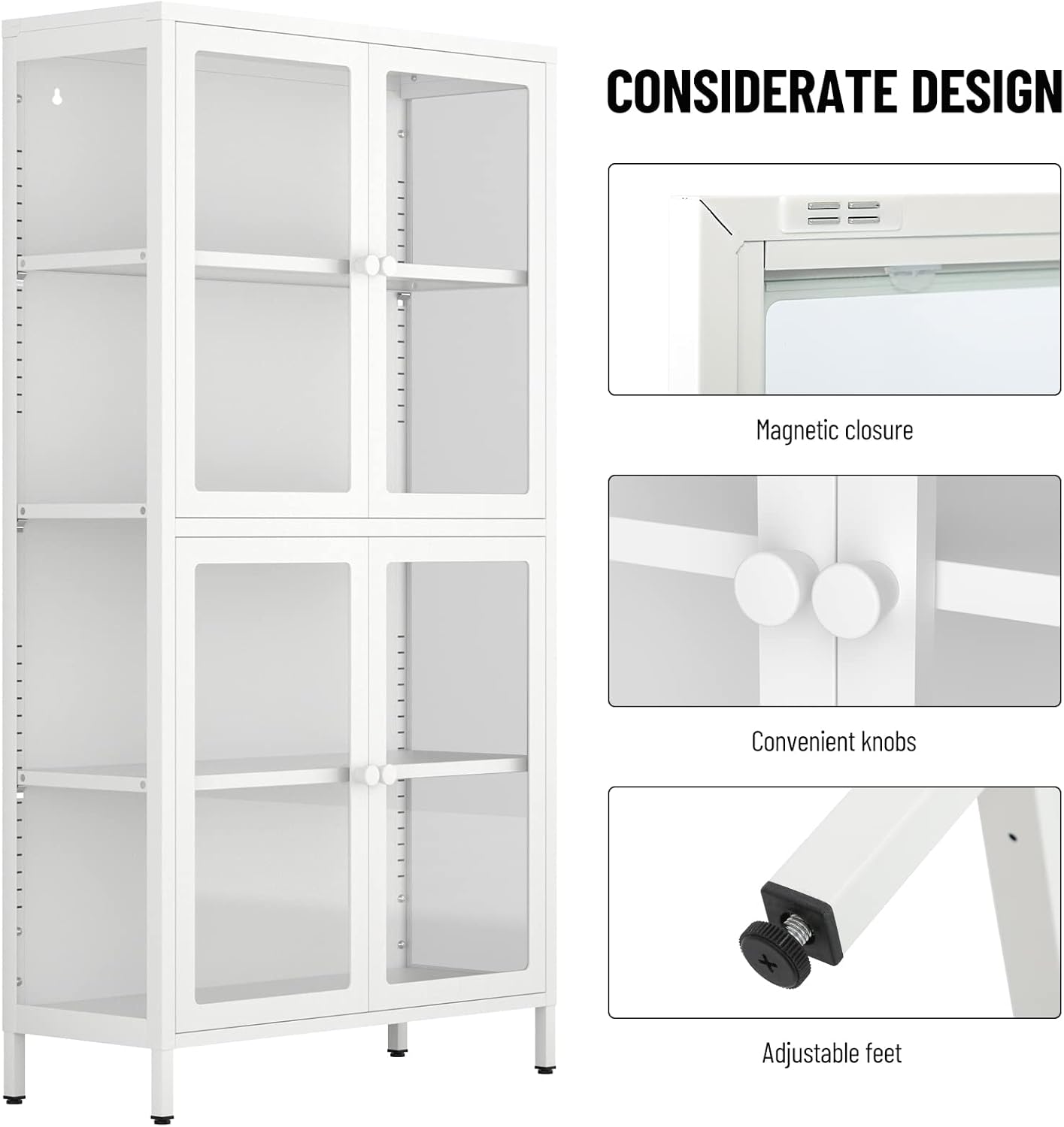 Tempered Glass Storage Cabinet 4-Door White with Adjustable Shelves U35144