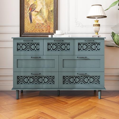 Farmhouse Sideboard Cabinet Accent Sideboard Buffet Cabinet With 3 Door 3 Drawer Wooden Cabinet Storage Cupboard Console Table Coffee Bar For Living Room Hallway Bedroom (Blue/47.24"*15.75"*35.43")