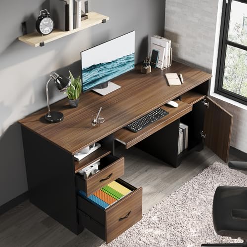 Bestier 59" Executive Desk with 2 Drawers and Storage Cabinet, Cherry J4872