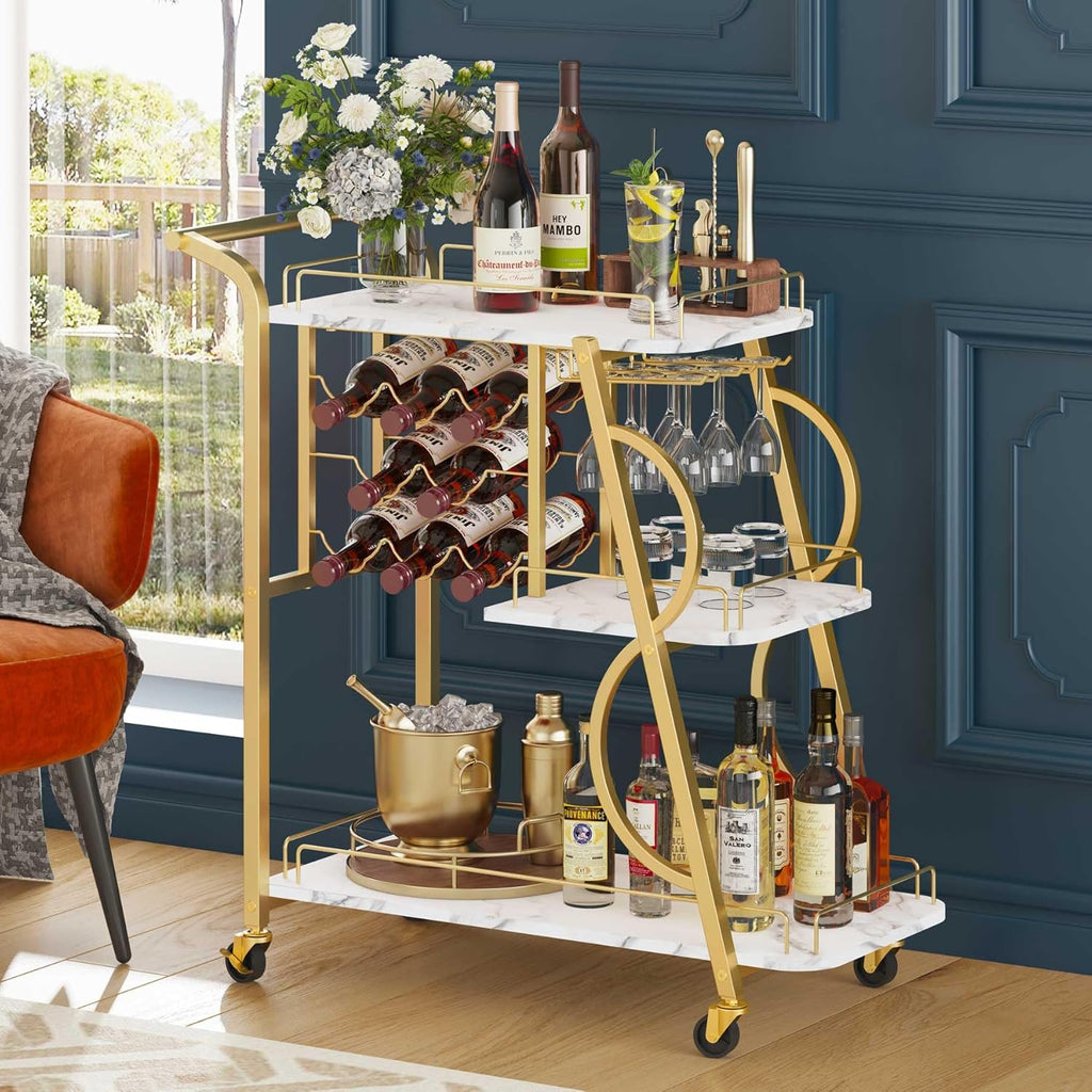 Industrial 3 Tier Mobile Gold Bar Cart with Wine Rack and Glass Holders D2731