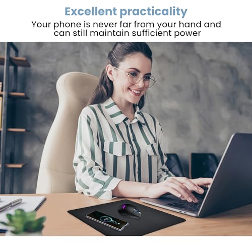 Desk Mat with Wireless Charging Mouse Pad, 32x16, Waterproof Black Leather T876860