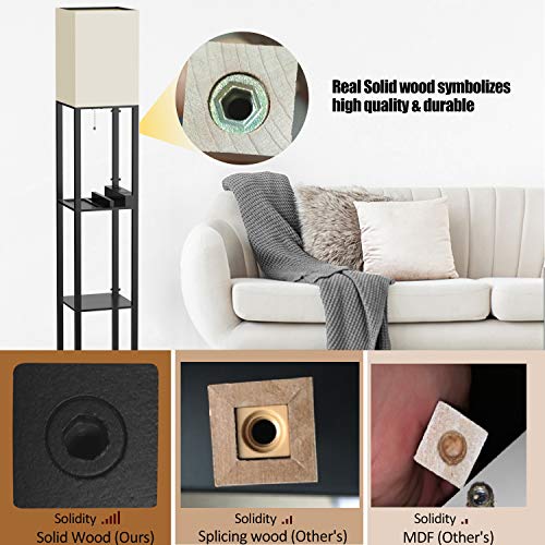 PAZZO Floor Lamp with Shelves, Solid Wood, 3 Color Temperature, Linen Shade, Bulb Included R3904