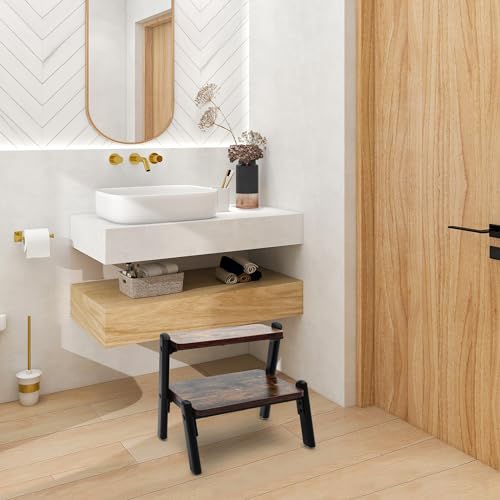 Wooden Step Stool for Adults Kids, 2 Step Heavy Duty with Metal Frame, Black W81781