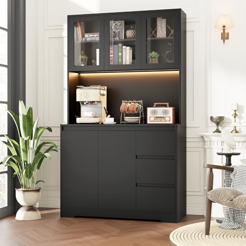71" Kitchen Pantry Cabinet with LED Lights and Charging Station, Modern Storage and Microwave Stand Q6248
