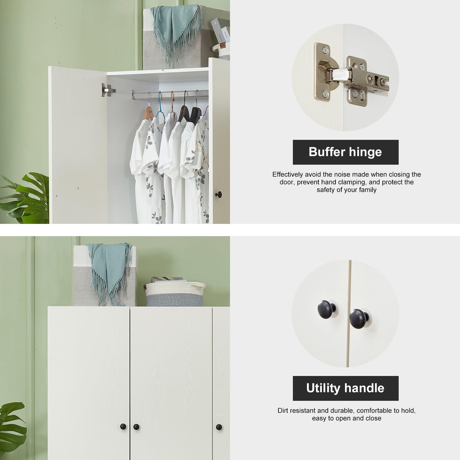 Wooden White 3-Door Armoire Wardrobe with Hanging Rod S96946