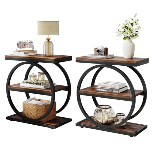 3-Tier End Table for Living Room, Narrow Side Table with Storage, Wood Sofa Table with Round Metal Frame, Industrial Nightstand for Bedroom