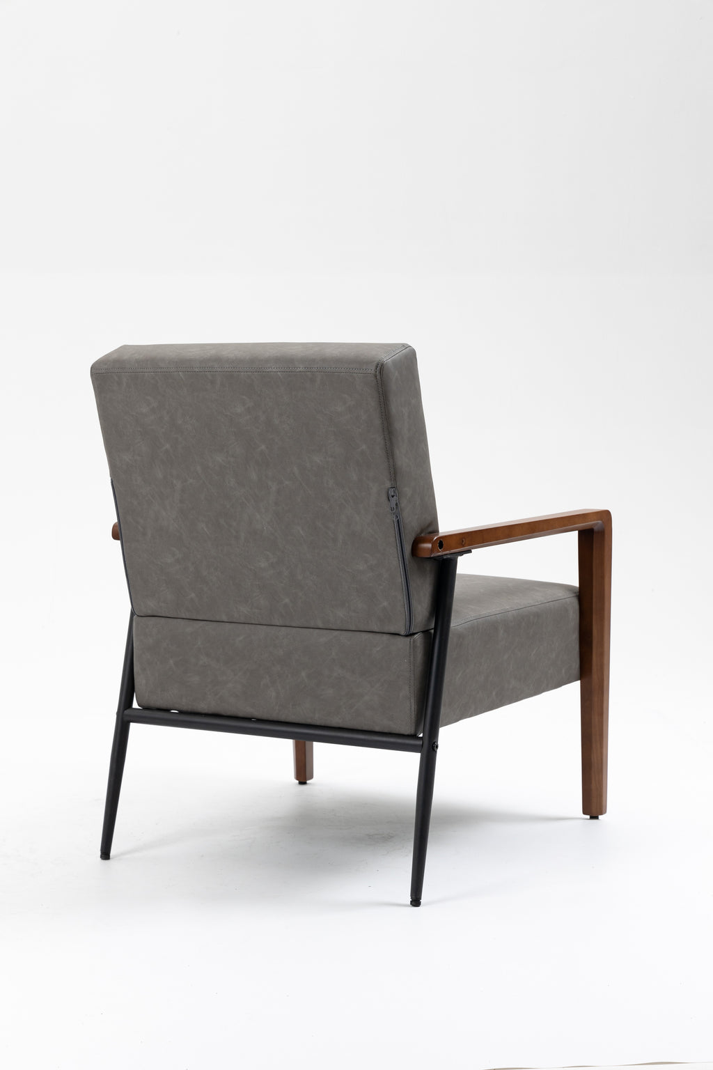 Mid-Century Modern Leather Armchair with Solid Wood Armrest S55508