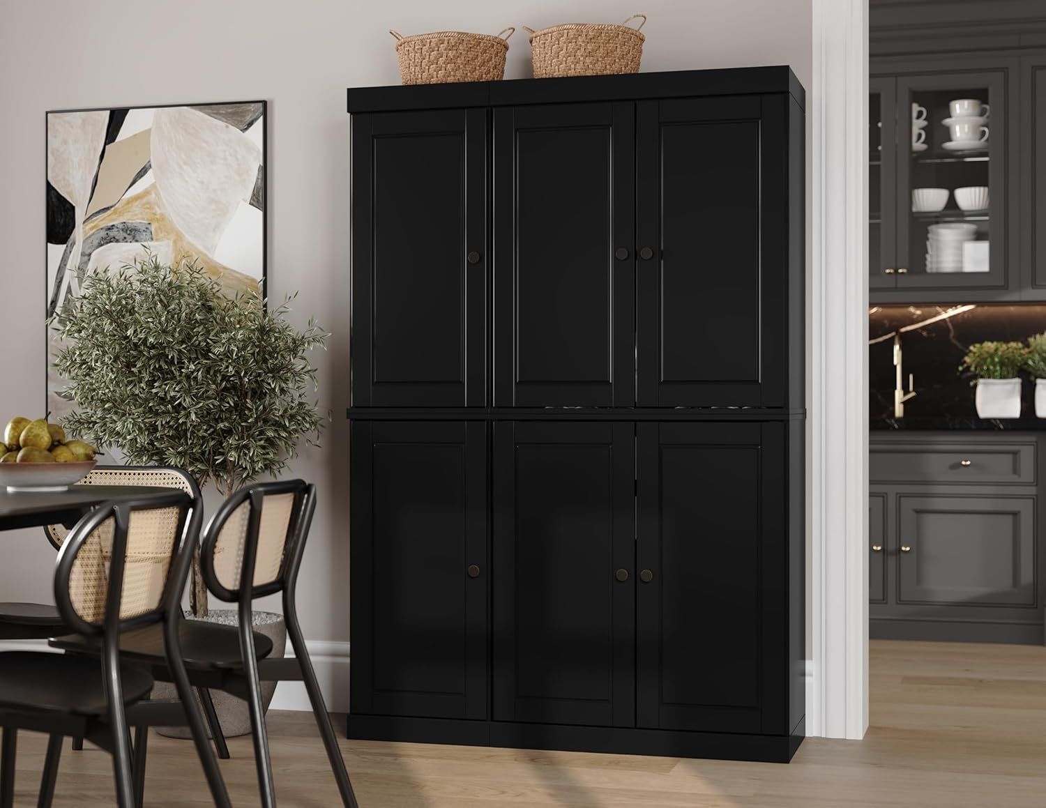 Palace Imports Solid Wood Pantry Cabinet, 6 Doors, Black E21870