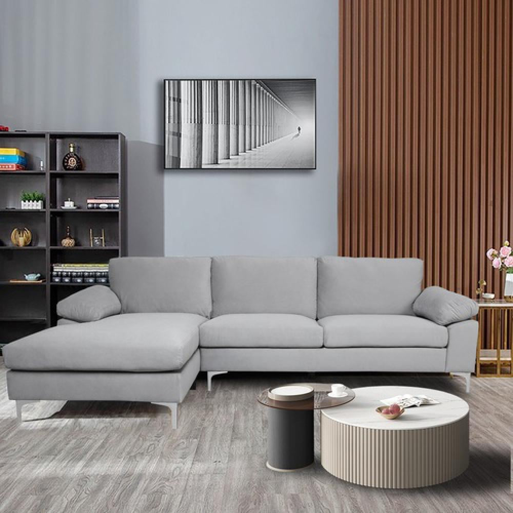 Fooing Modern Velvet L-Shape Sofa with Extra Wide Chaise, Gray M738
