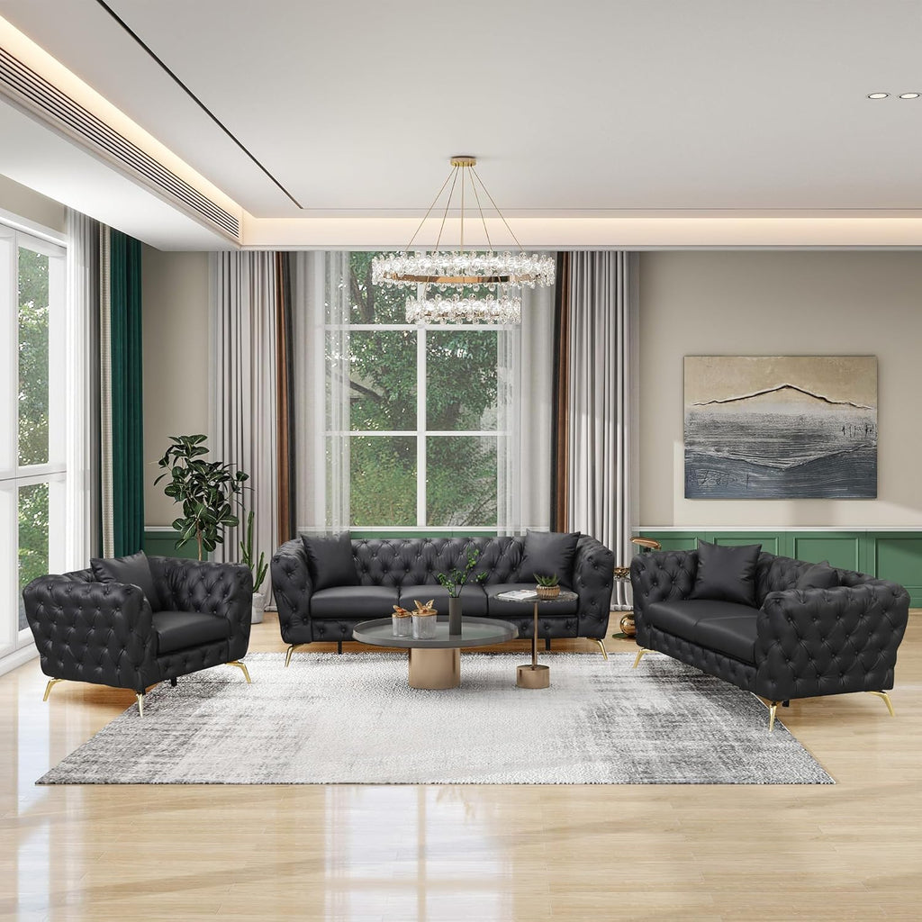 Merax Modern 3-Piece PU Upholstered Sofa Sets with Sturdy Metal Legs, Including Three Seat Couch, Loveseat and Single Chair for Living Room, Black