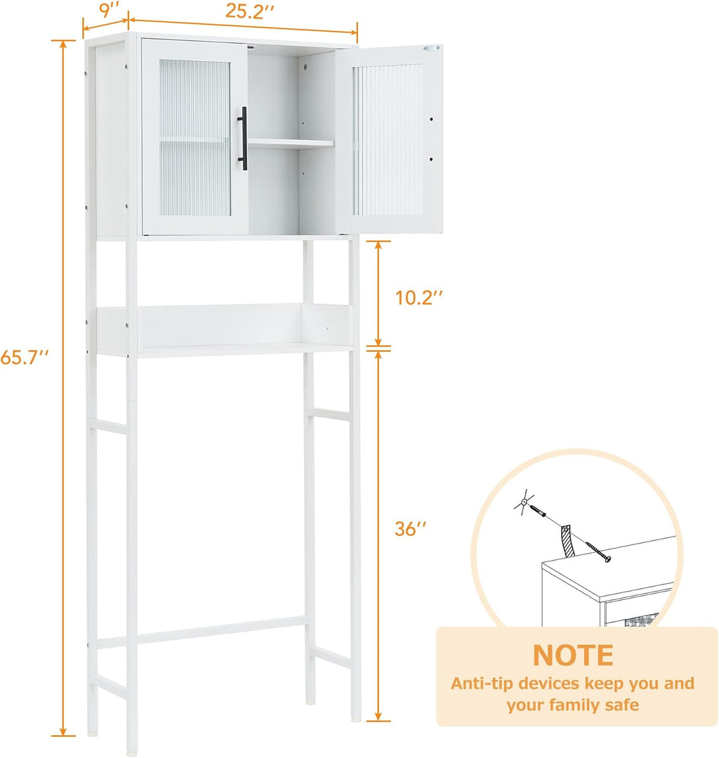 IDEALHOUSE Over The Toilet Storage Cabinet, White, with Glass Doors and Adjustable Shelves E12536