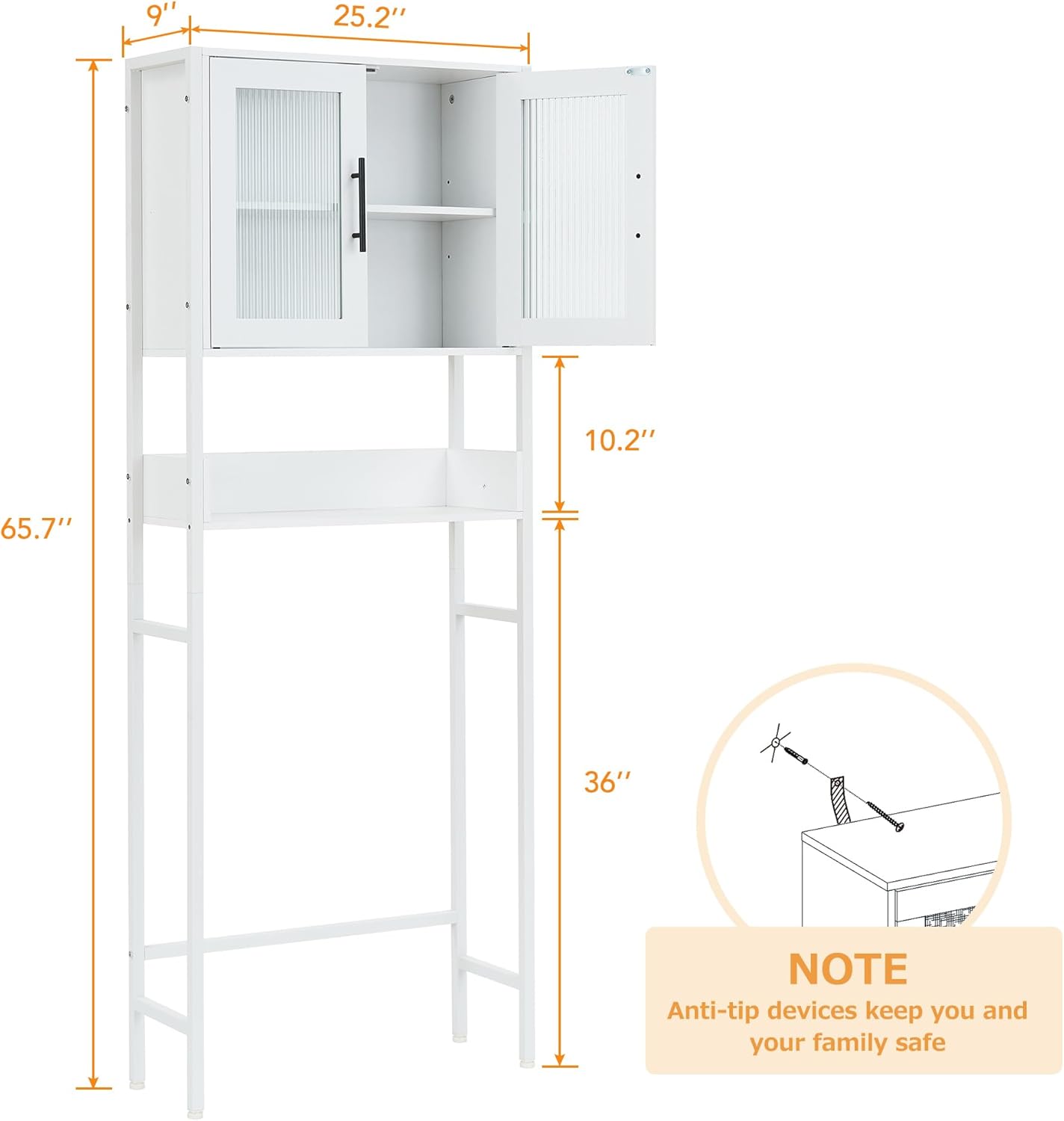 IDEALHOUSE Over The Toilet Storage Cabinet, White, with Glass Doors and Adjustable Shelves E12536