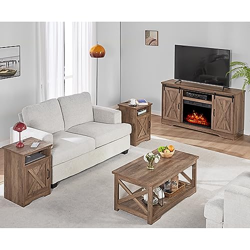 AMERLIFE 5-Piece Farmhouse Table Set with Fireplace TV Stand, Coffee Table & 2 End Tables P884