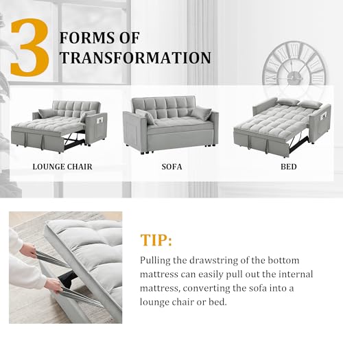 3 in 1 Convertible Sleeper Sofa Bed, Velvet Pull-Out Couch with Adjustable Backrest, Gray N451