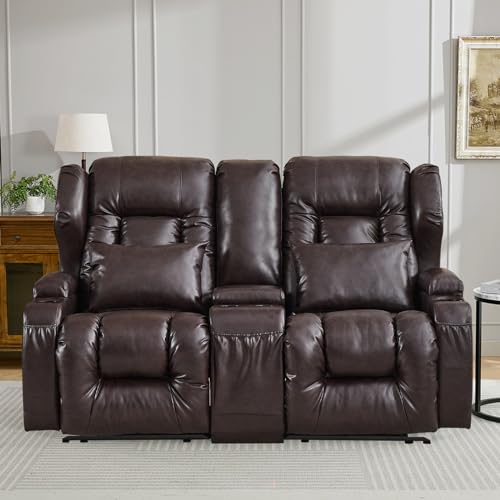 IPKIG 65.3" RV Loveseat Recliner - Faux Leather Manual Reclining Loveseat with Console, Cup Holders, Lumbar Pillow for Living Room, Bedroom, RV, Home Theater - RV Recliners Chair (Beige)