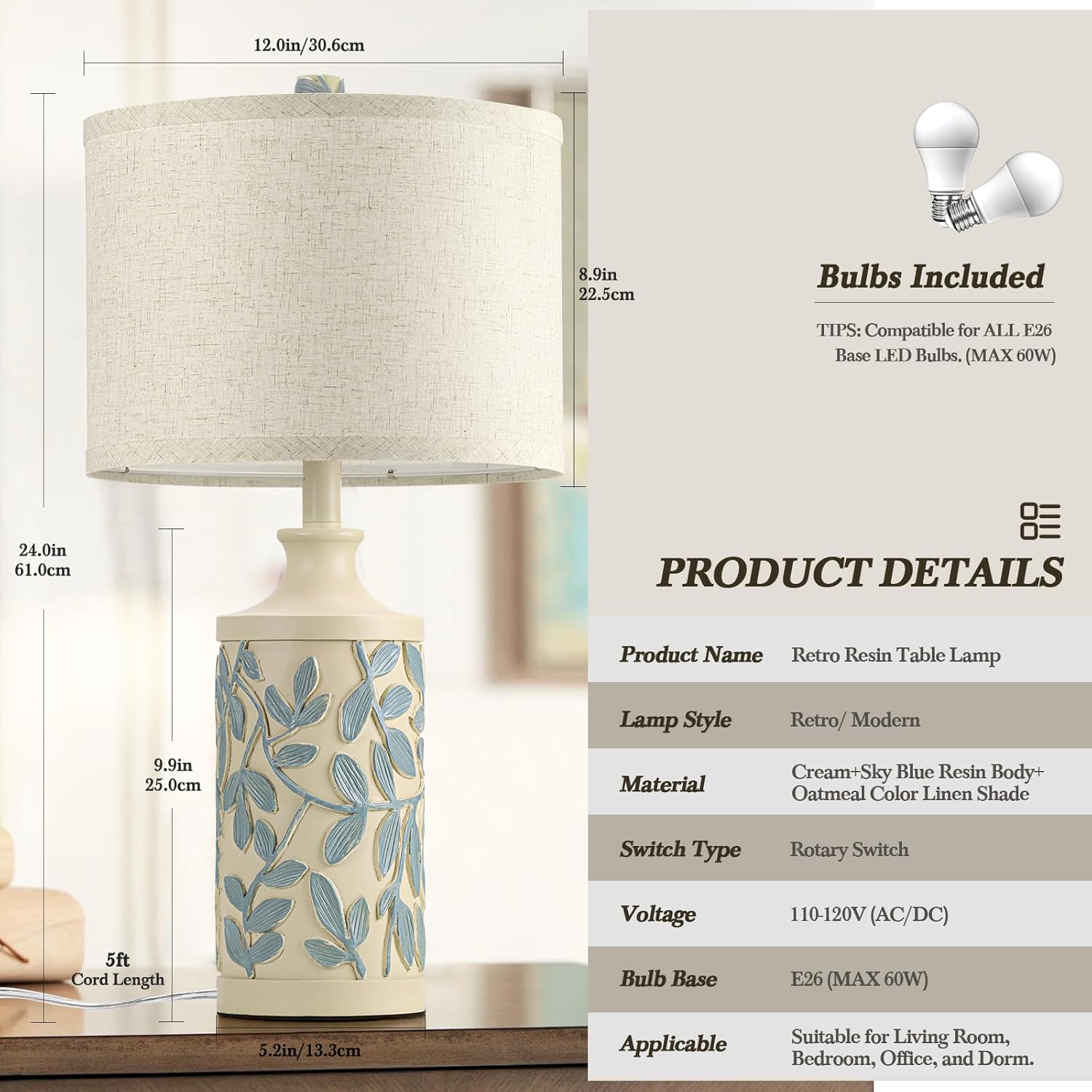 Farmhouse Table Lamps Set of 2, Rustic Bedside Lamps with 3 Color Temperatures, Bulbs Included Y40703