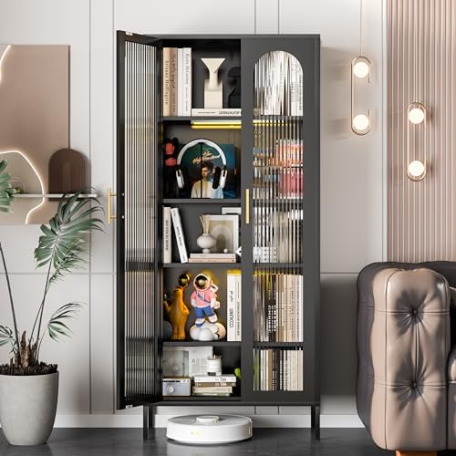 71" Display Cabinet with Glass Doors, 4 Shelves, Black T61531