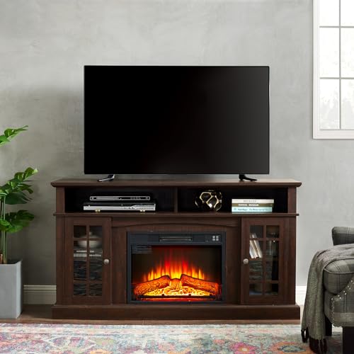 Farmhouse TV Stand with Electric Fireplace, Classic Electric Fireplace TV Cabinet Modern Entertainment Console with 23" Fireplace Insert for TV Up to 65" with Storage Space, Dark Grey