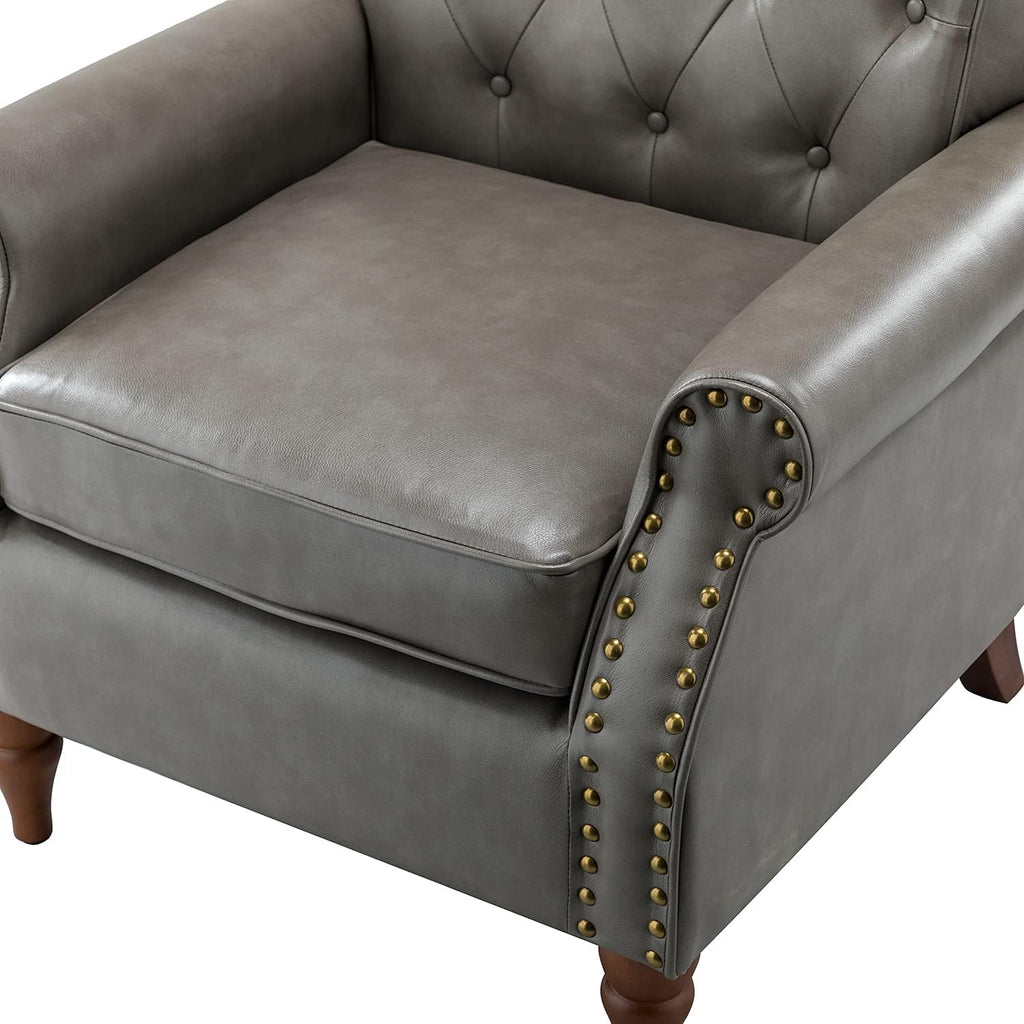 Faux Leather Accent Chair with Solid Wood Legs, Grey H35573