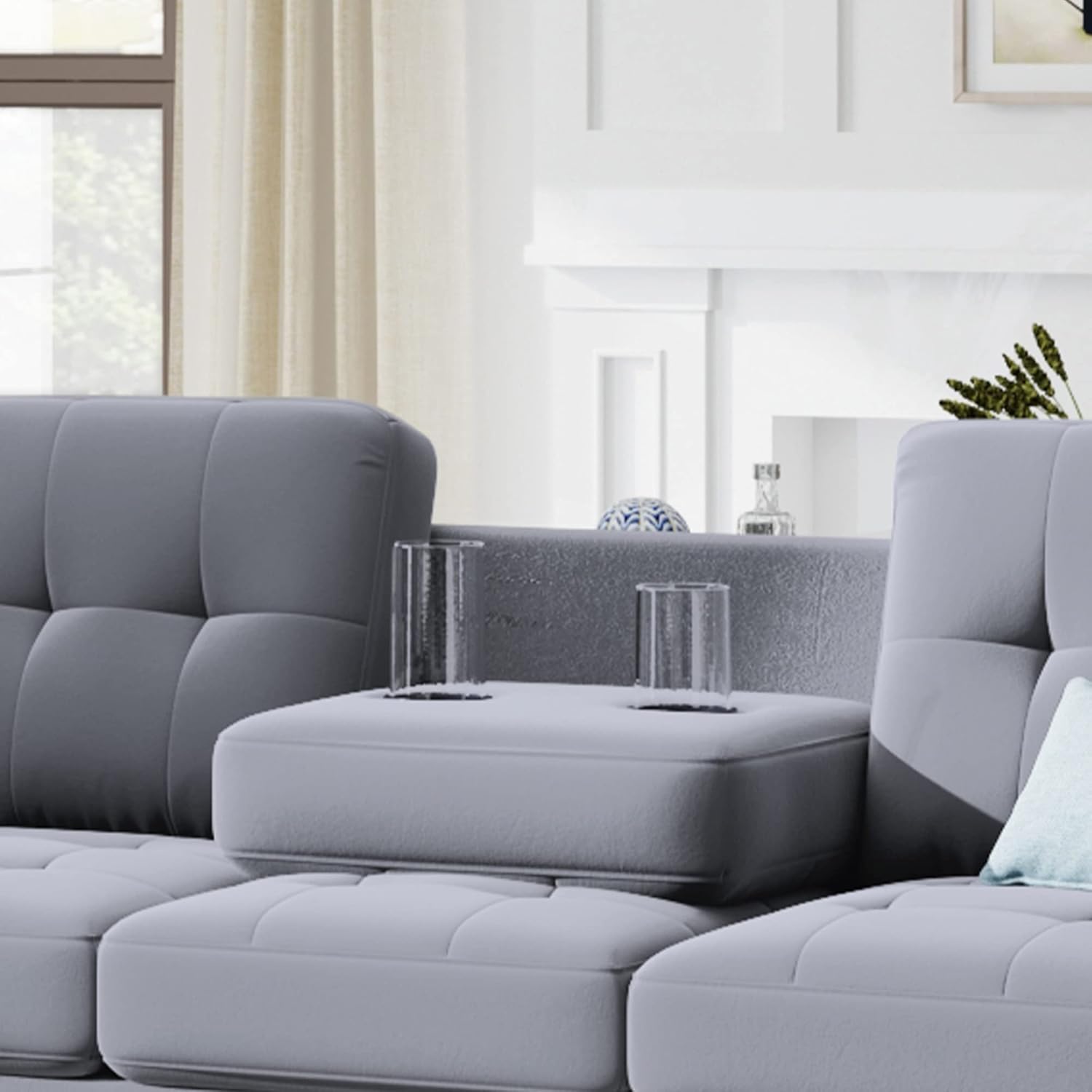 Linen Upholstered L Shaped Sofa Set with Ottoman, Light Gray S90313