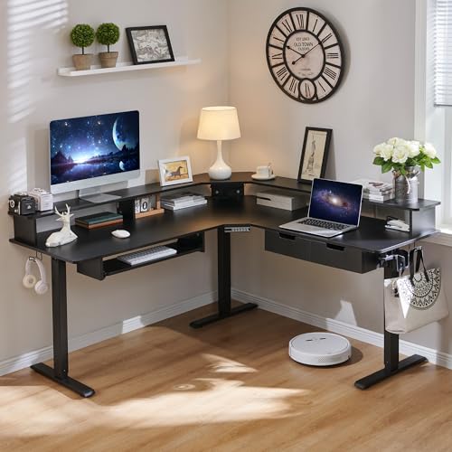 RedLemon 60" L-Shaped Electric Standing Desk with Drawers, Dark Rustic Oak E174