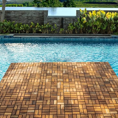 Nordic Style Teak Interlocking Tiles - Wooden Floor Tile Set for Indoor and Outdoor Use - 10 Square Feet (12" x 12") E7899