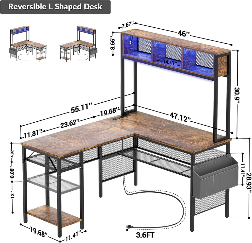 Aheaplus L Shaped Gaming Desk with LED Lights & Power Outlets, 55 Inch, Rustic Brown R818